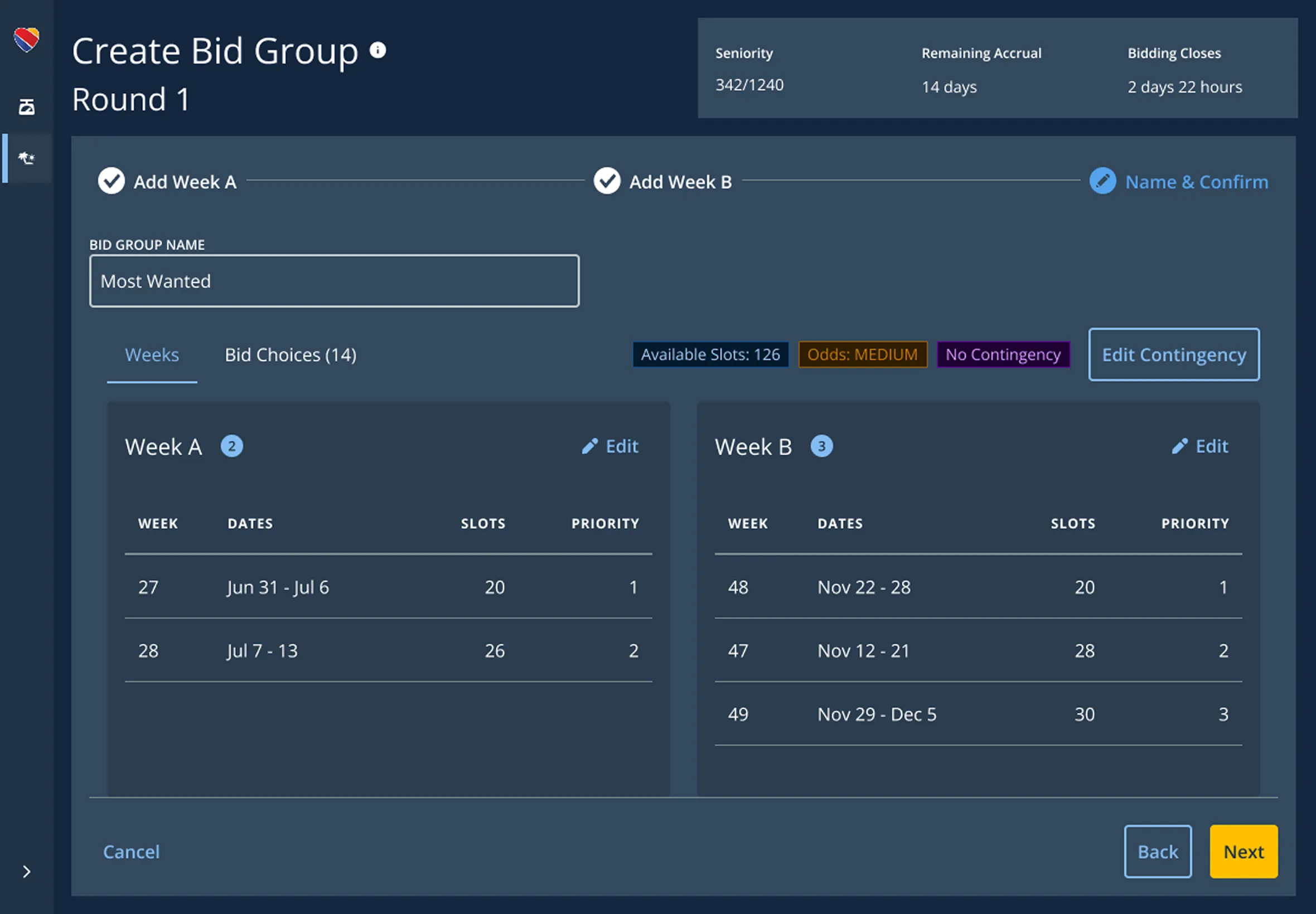 Create Bid Group, Week A — pilot has added preferred weeks to the slot, dark theme.