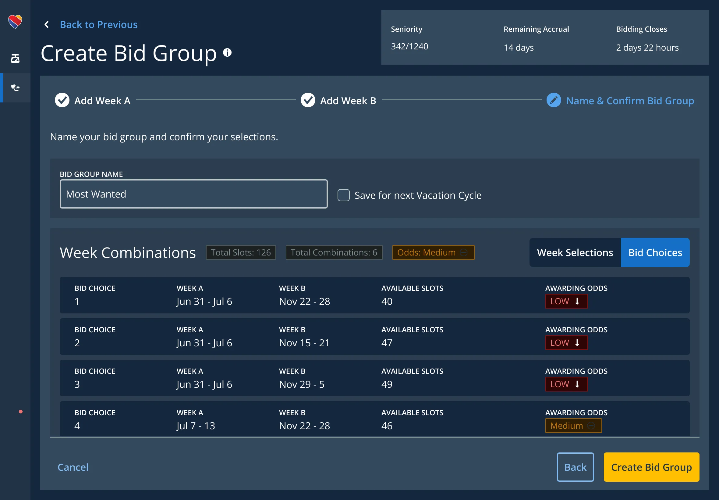 Bid Choices view — all possible week combinations with per-combination awarding odds and a group odds badge.