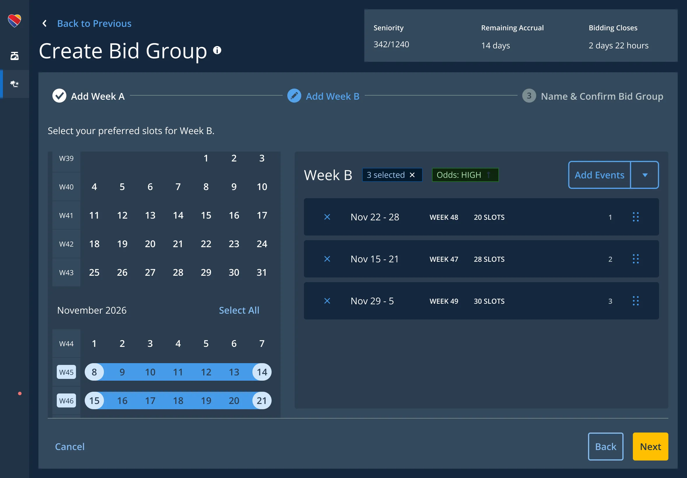 Bid Group Builder step 2 — selecting weeks for the second slot with live odds in the context bar.