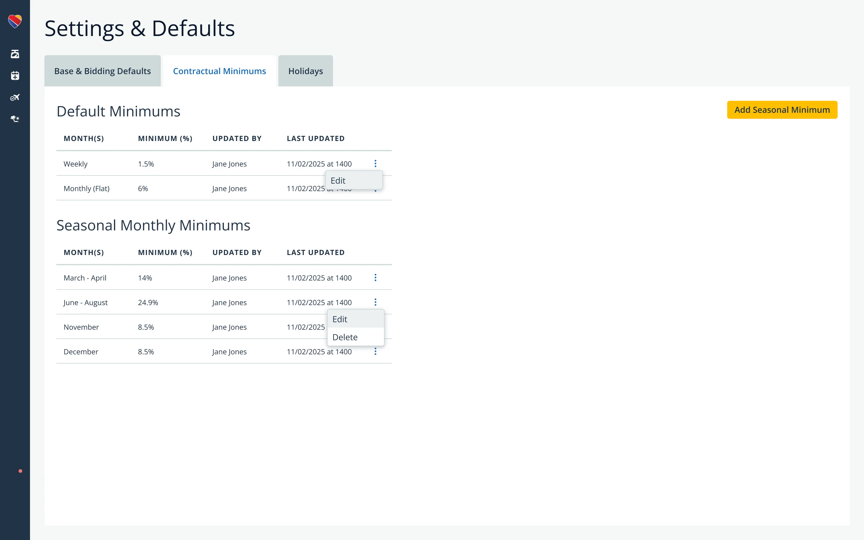 Settings and Defaults page showing editable contractual minimums for weekly, monthly, and seasonal thresholds.