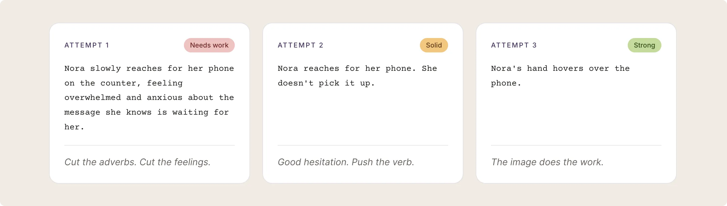Craft Five critique view — a draft action line returned with structured feedback on flaws and a rewrite target.