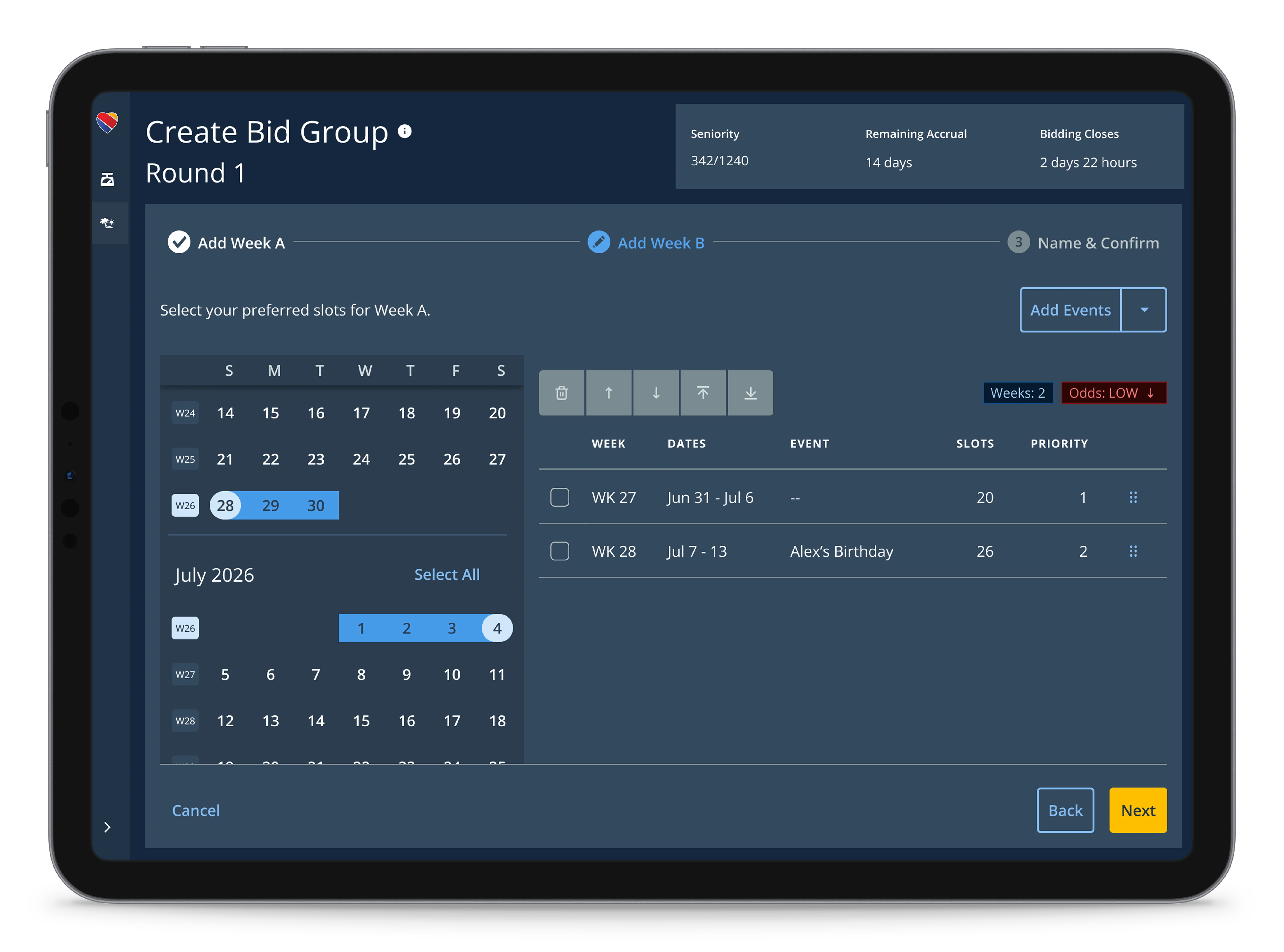 Bid Group Builder, Step 2 — dark theme.
