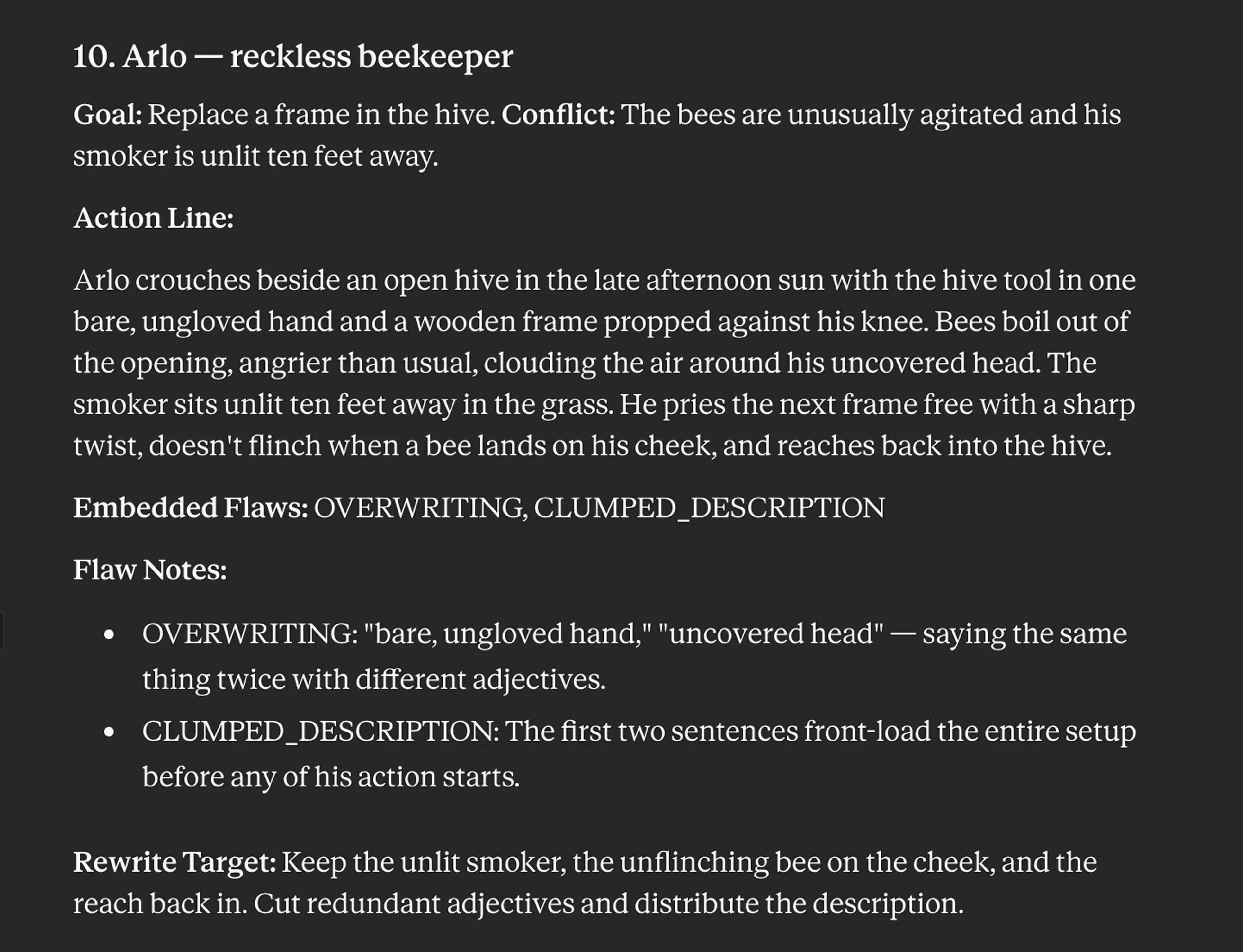 Sample scene with action line, embedded flaws labeled ADVERB_HEAVY and OVERWRITING, flaw notes, and a rewrite target.