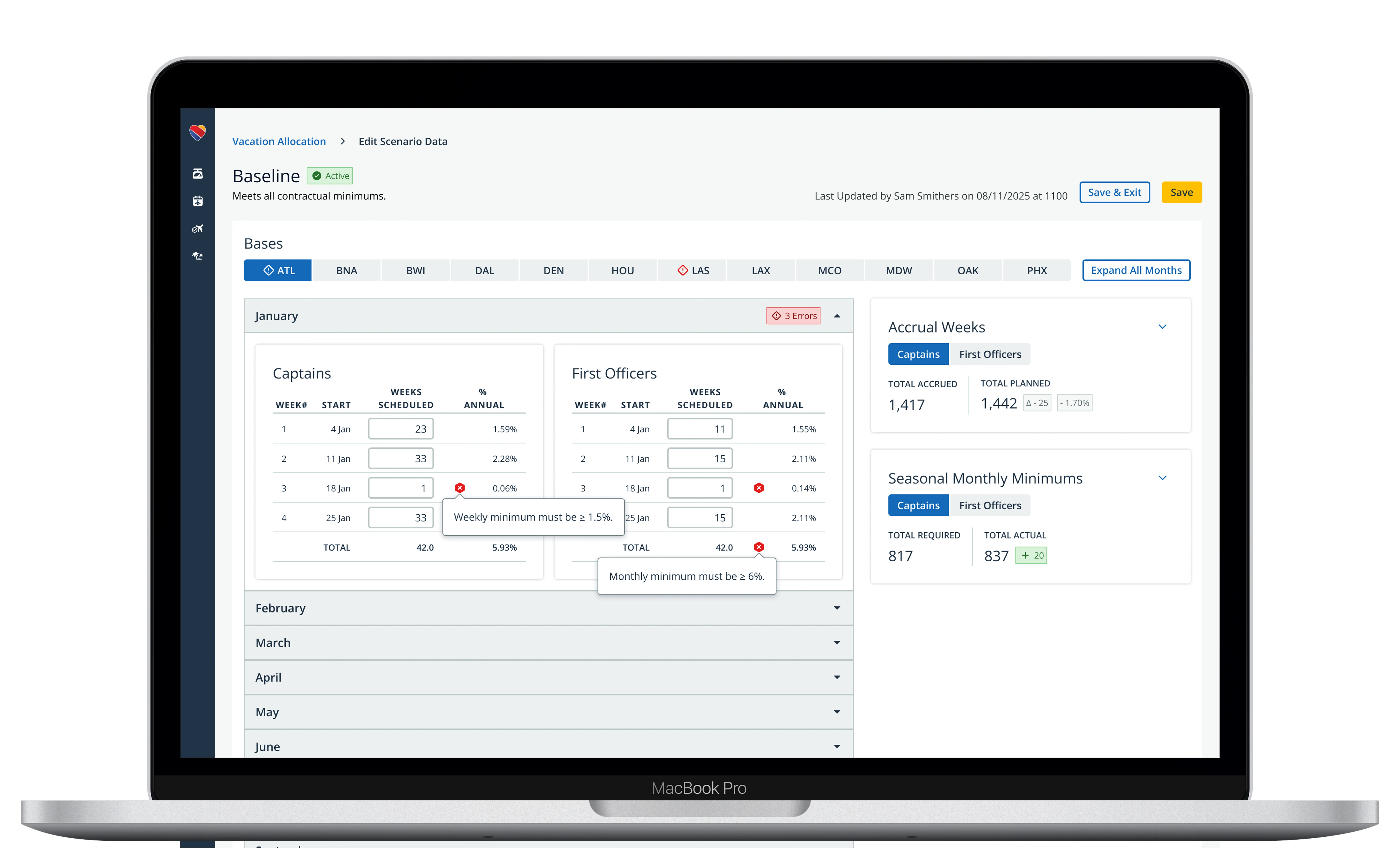 Vacation allocation planner — editing a scenario with contract minimums surfaced in real time.